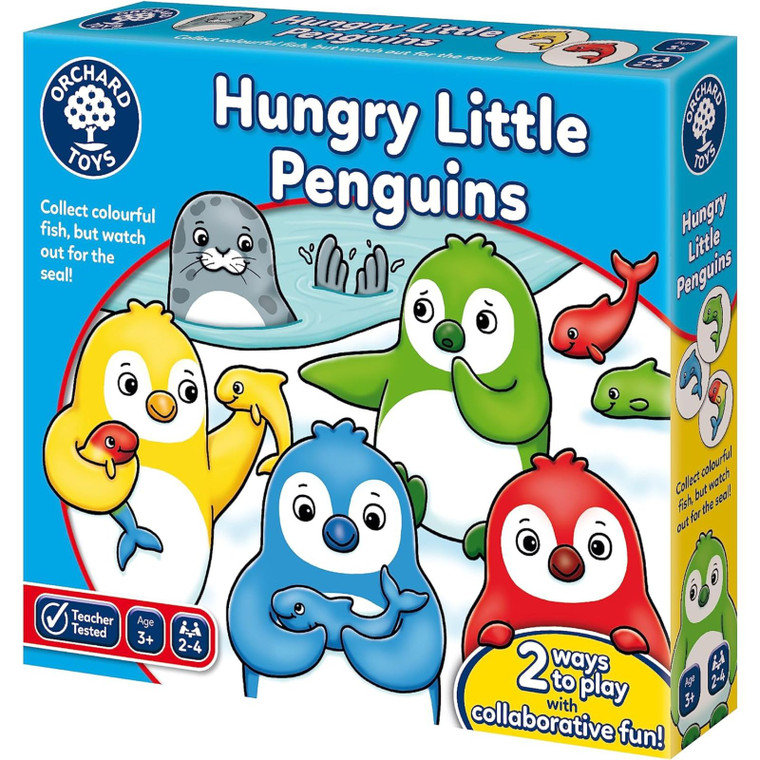 Orchard Toys Hungry Little Penguins board game box showing colourful penguin characters collecting fish with a seal