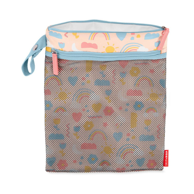 Skip Hop mesh wet bag with pastel rainbow, cloud and sun pattern, featuring blue zip and wrist strap on white background