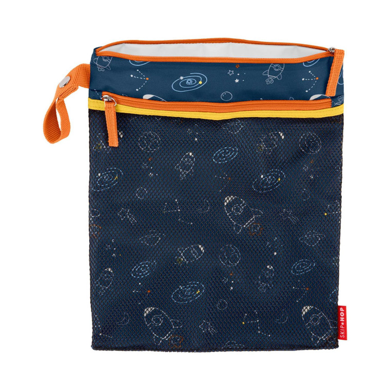 Skip Hop navy wet bag with space rocket print, orange trim and yellow zip on white background