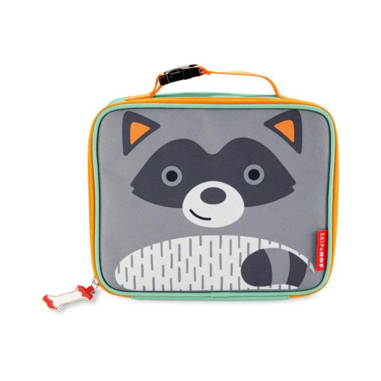 Skip Hop Zoo insulated lunch bag with grey raccoon face design, orange and green trim, and carrying handle on white