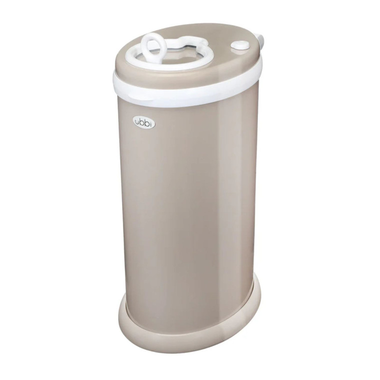 Ubbi taupe and white steel nappy bin with lid and handles on white background