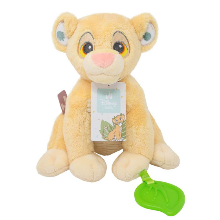 Disney Baby plush Simba lion cub toy in yellow with green teether attachment and hang tag against white background
