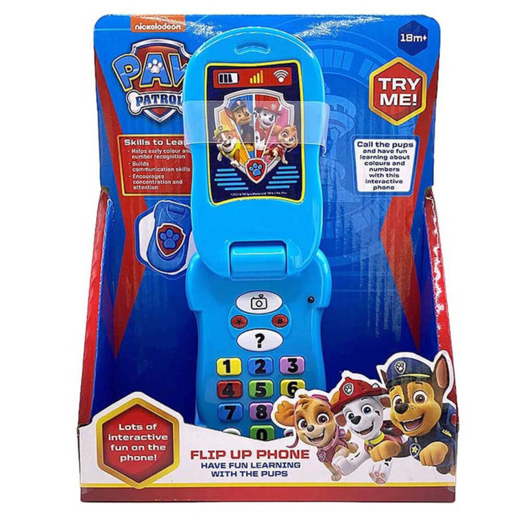 Paw Patrol Flip Up Phone toy in blue and red packaging with number keypad, character screen, ages 18m+