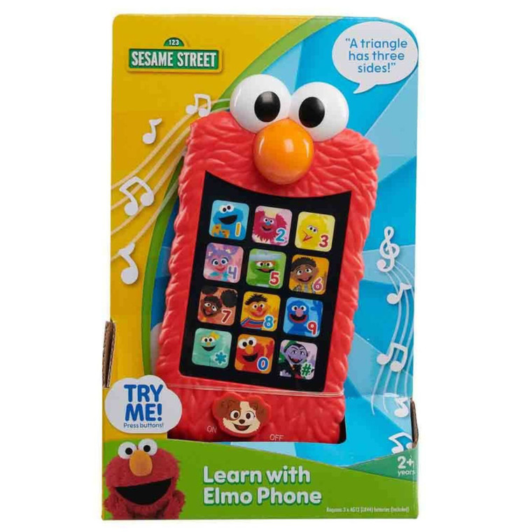 Sesame Street Elmo toy phone in red with numbered character buttons, displayed in colourful yellow and blue packaging
