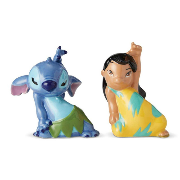 Disney Lilo and Stitch salt and pepper shaker set featuring blue Stitch in green skirt and Lilo in yellow dress figurines