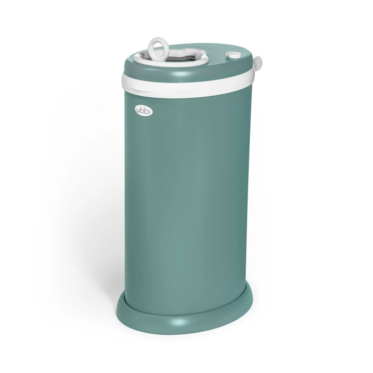 Ubbi Baby Nappy Bin in matte open water teal with white accents, cylindrical design with flip-top lid on white background
