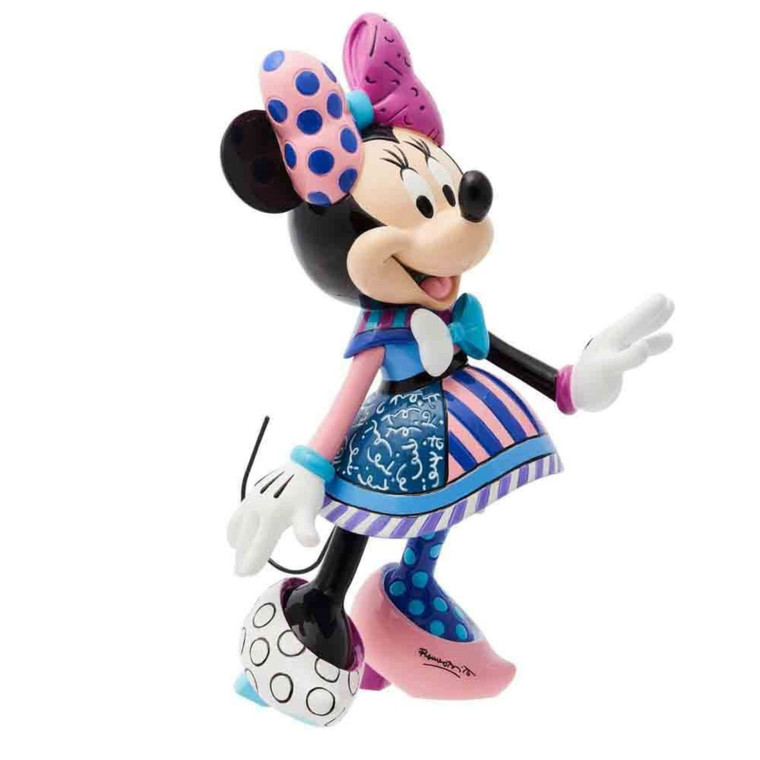 Disney by Britto Minnie Mouse figurine in pink and blue patterned dress with signature polka dot bow and shoes
