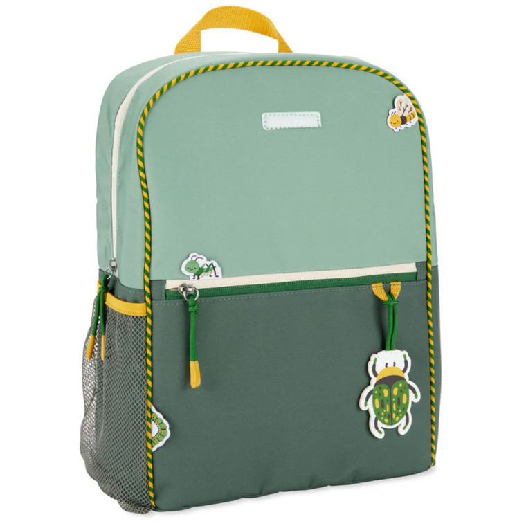Skip Hop green kids backpack with bug patches, yellow handle, mesh side pocket and front zip compartment on white background