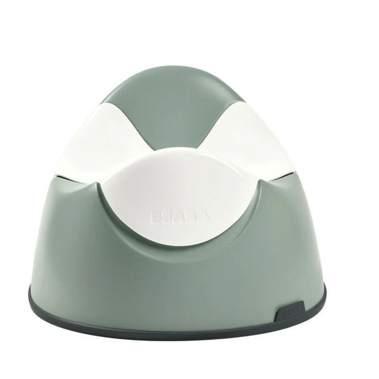 BEABA sage green and white training potty with ergonomic design and non-slip base on white background