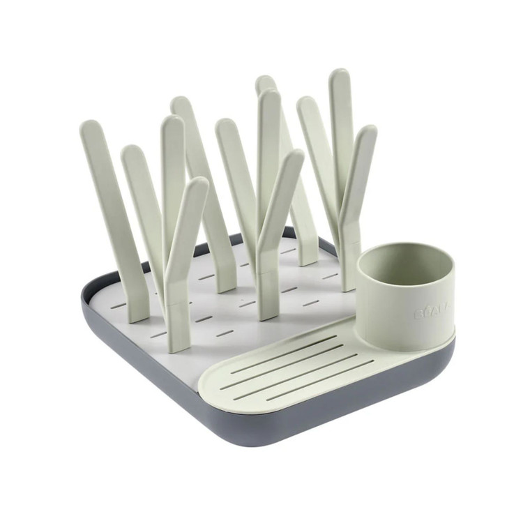 BEABA Forest Drying Rack in sage green and grey with pegs for bottles, utensils and cylindrical holder on white background