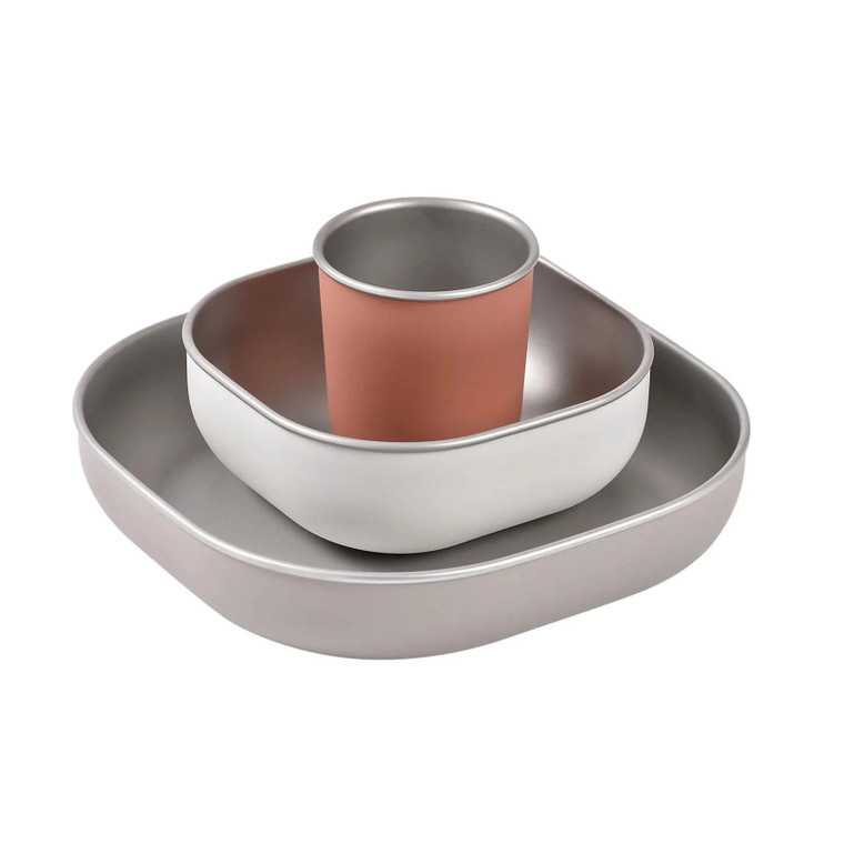 BEABA stainless steel meal set with terracotta cup, white bowl and grey plate stacked together on white background