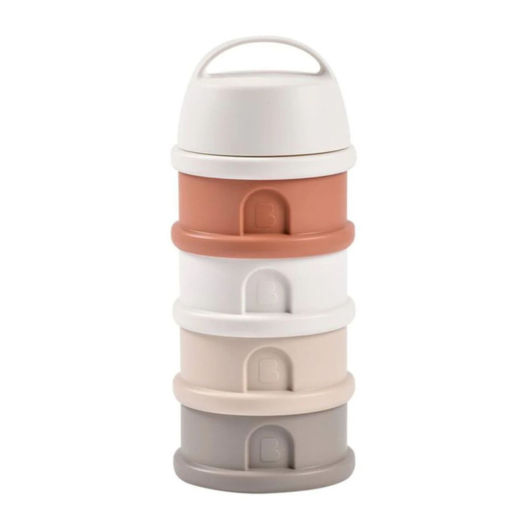 BEABA stackable formula and snacks container in terracotta, white and grey with four compartments and white lid with handle