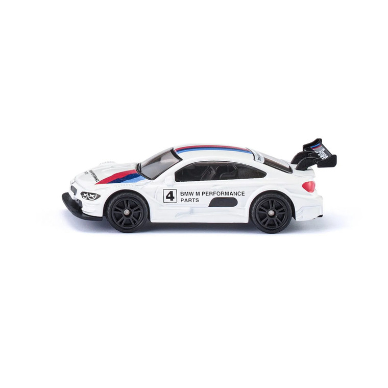 SIKU BMW M4 DTM race car white die-cast with number 4 and M Performance livery - side profile showing black rear wing