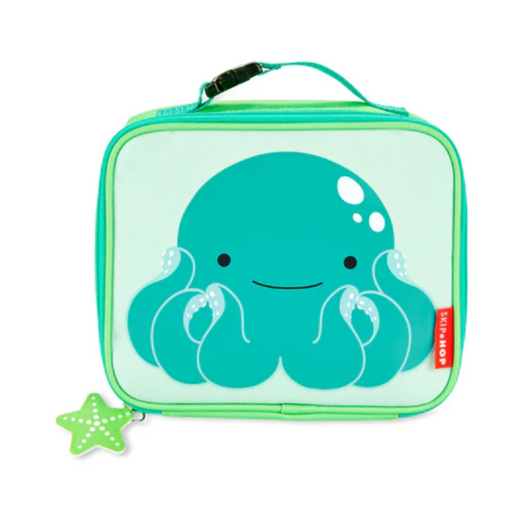 Skip Hop Zoo insulated lunch bag in turquoise with cute smiling octopus design and green starfish zipper pull on white