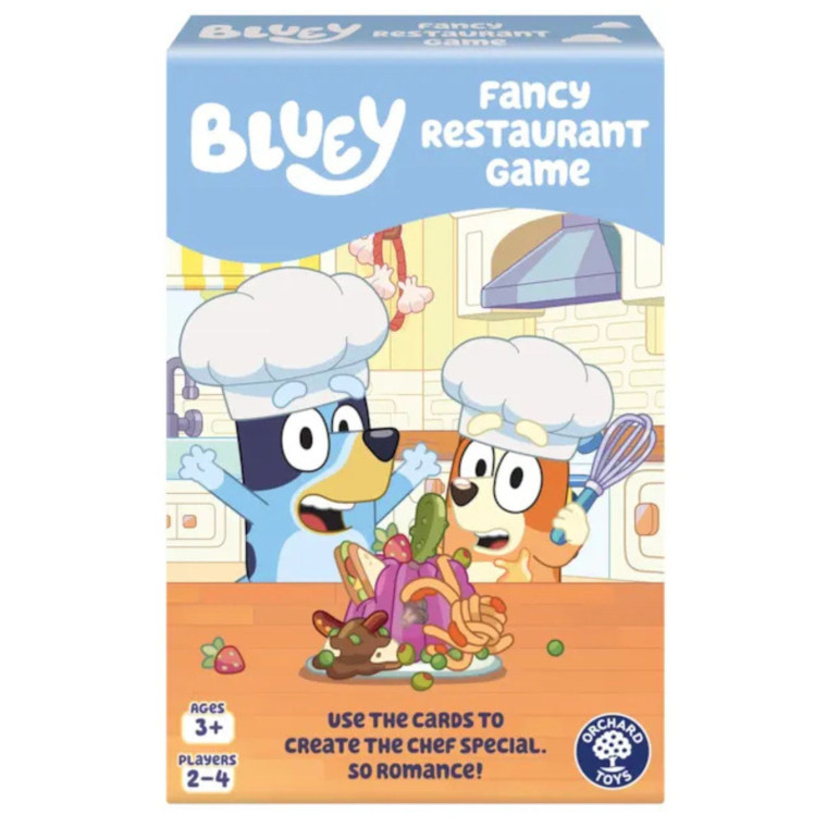 Bluey Fancy Restaurant Game box showing Bluey and Bingo as chefs with colourful food, ages 3+, 2-4 players