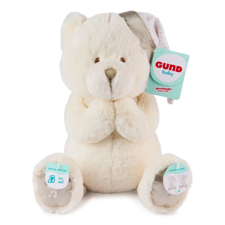 Gund white plush prayer bear with paws together, mint green goodnight tag, soft cream fur and musical features