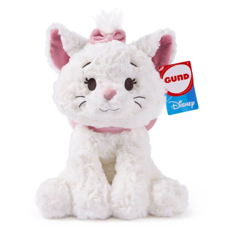 Disney x Gund white plush Marie cat toy with pink bow and ears against white background