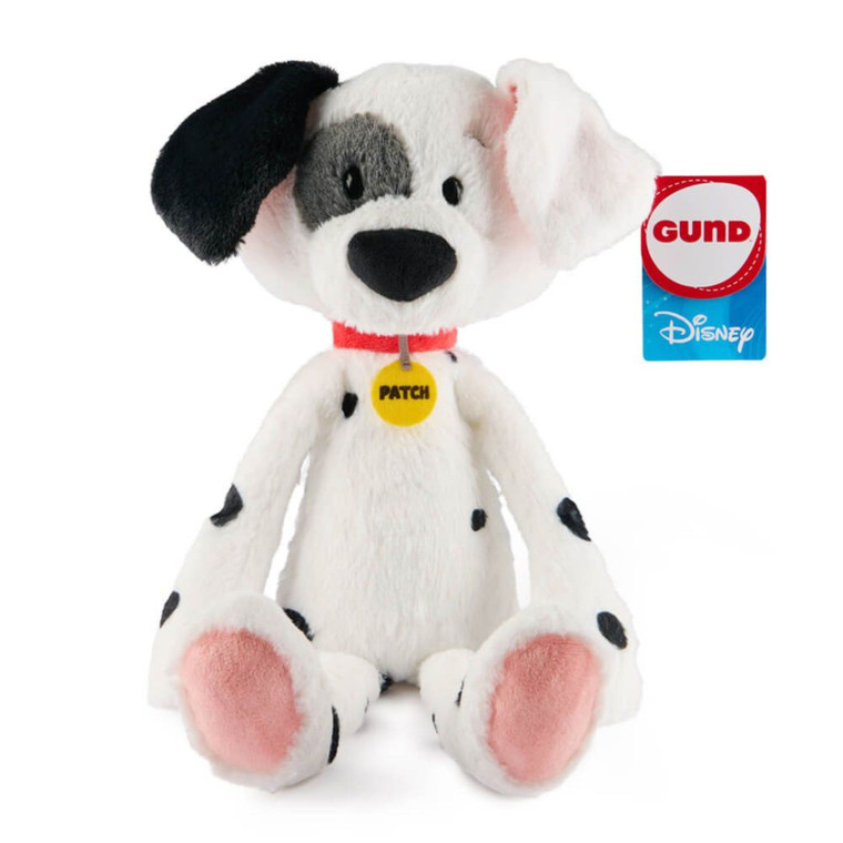 Gund Disney Patch dalmatian plush toy with white fur, black spots, pink paws and ears, red collar with yellow name tag