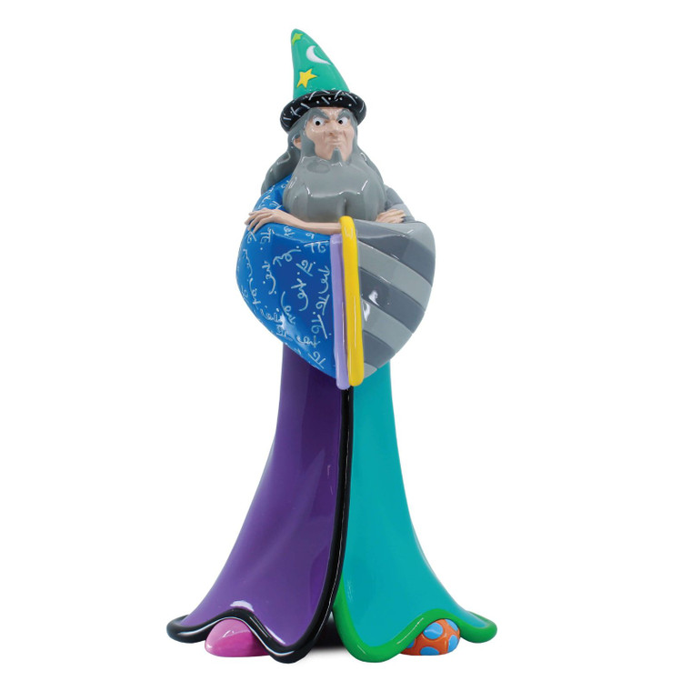 Disney Britto colourful Yen Sid wizard figurine with blue robe, green hat with stars and mathematical symbols from Fantasia