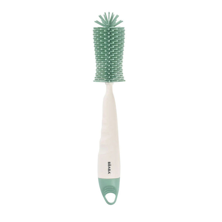 BEABA silicone bottle brush in sage green and white with soft bristles and ergonomic handle on white background