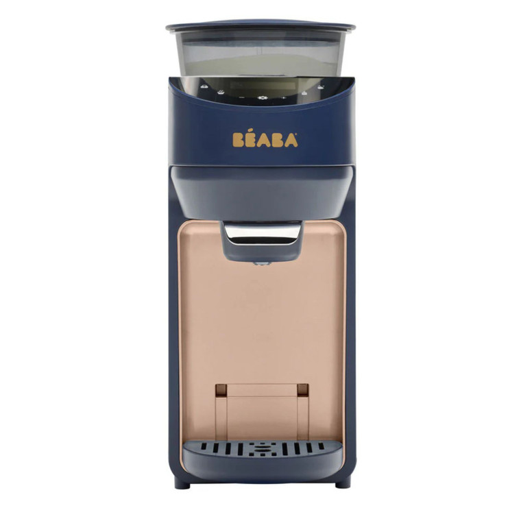 BEABA Milkeo Plus baby formula maker in night blue and rose gold with water container on top and dispensing area below