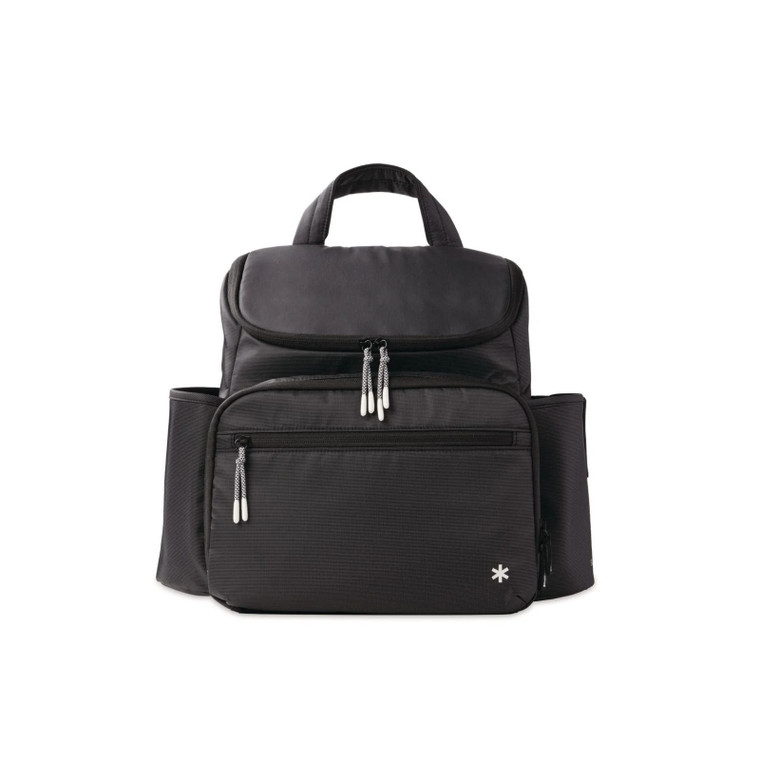 Skip Hop Forma black nappy backpack with multiple zippered compartments and side pockets on white background