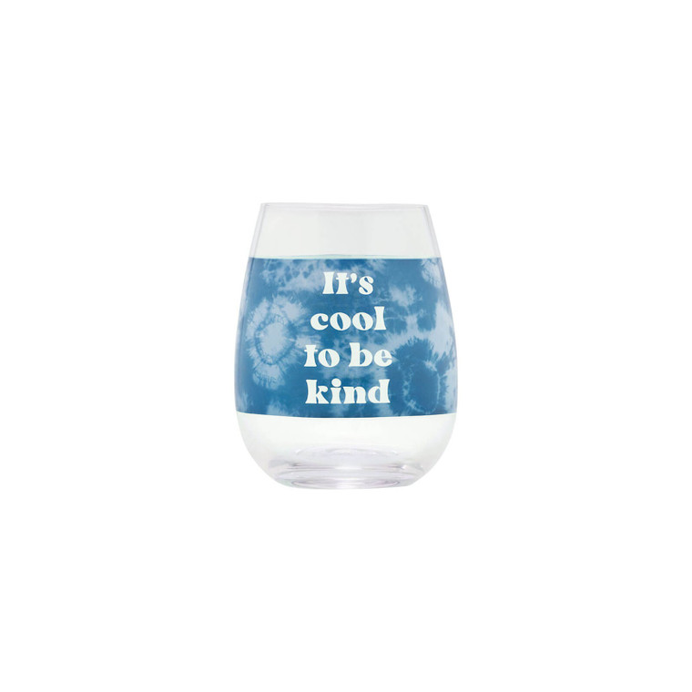 Blue Tie Dye Wine Glass with 'It's Cool to be Kind' Caption