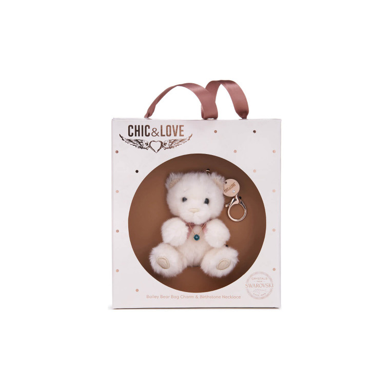 Chic & Love Bailey Bear Bag Charm & Aquamarine Birthstone Necklace March
