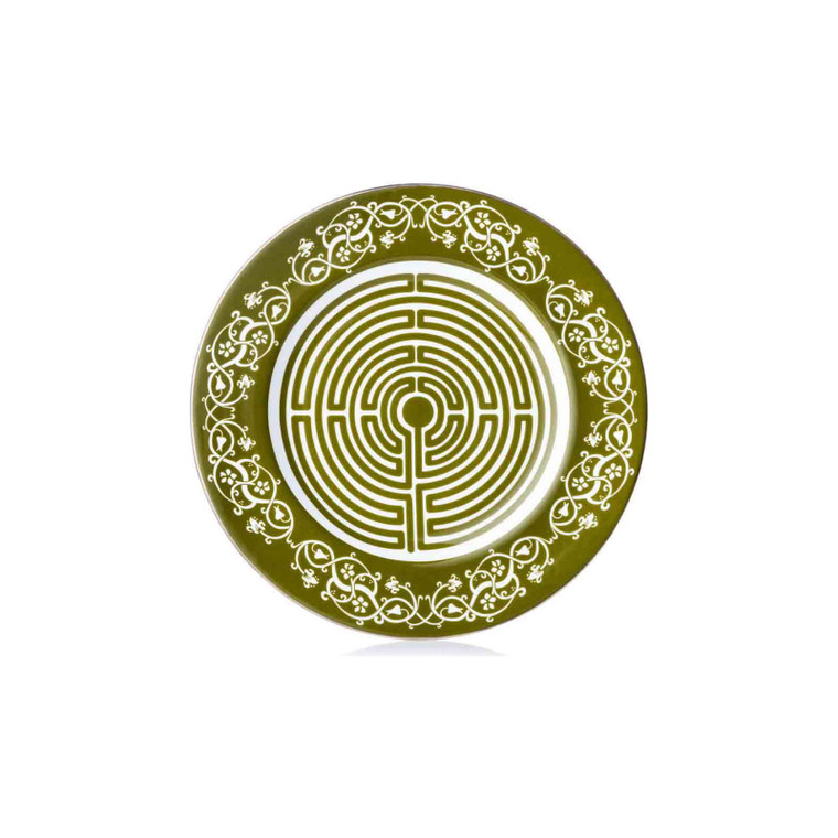 Charlie Bears Labyrinth fine bone china plate with maze design, olive green rim and platinum scrollwork