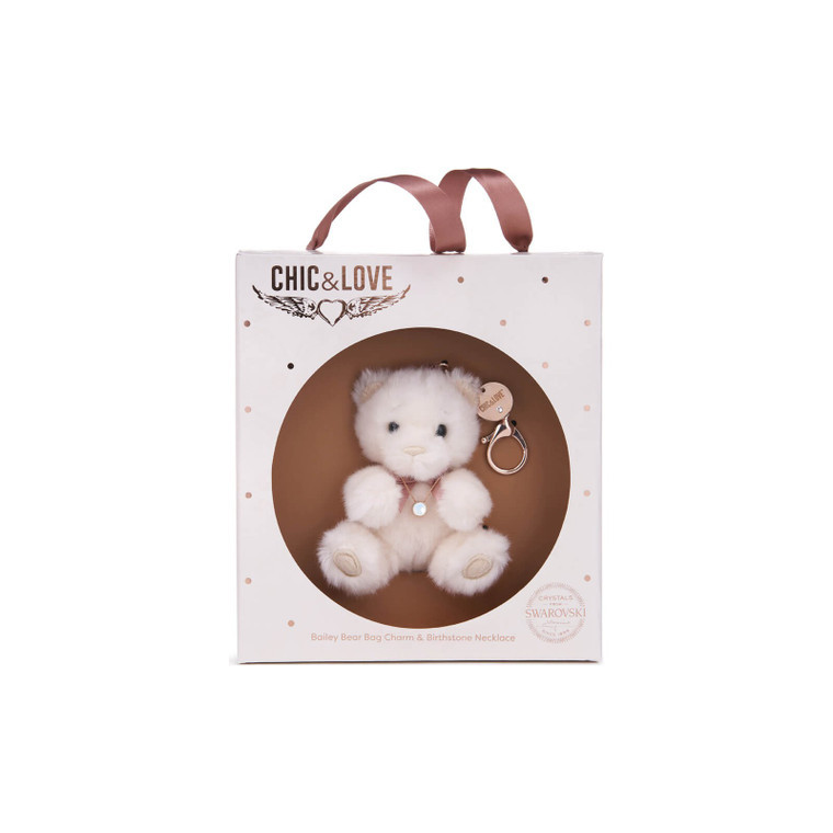 Chic & Love Bailey Bear Bag Charm & Opal Birthstone Necklace October