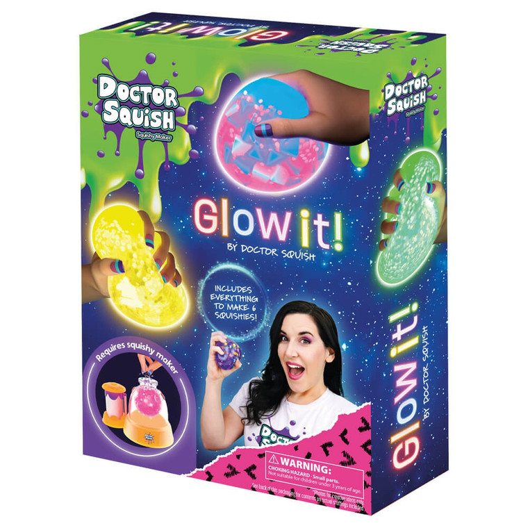 Doctor Squish Glow Edition 10-Pack Refill Kit box featuring glowing squishies in yellow, pink and green