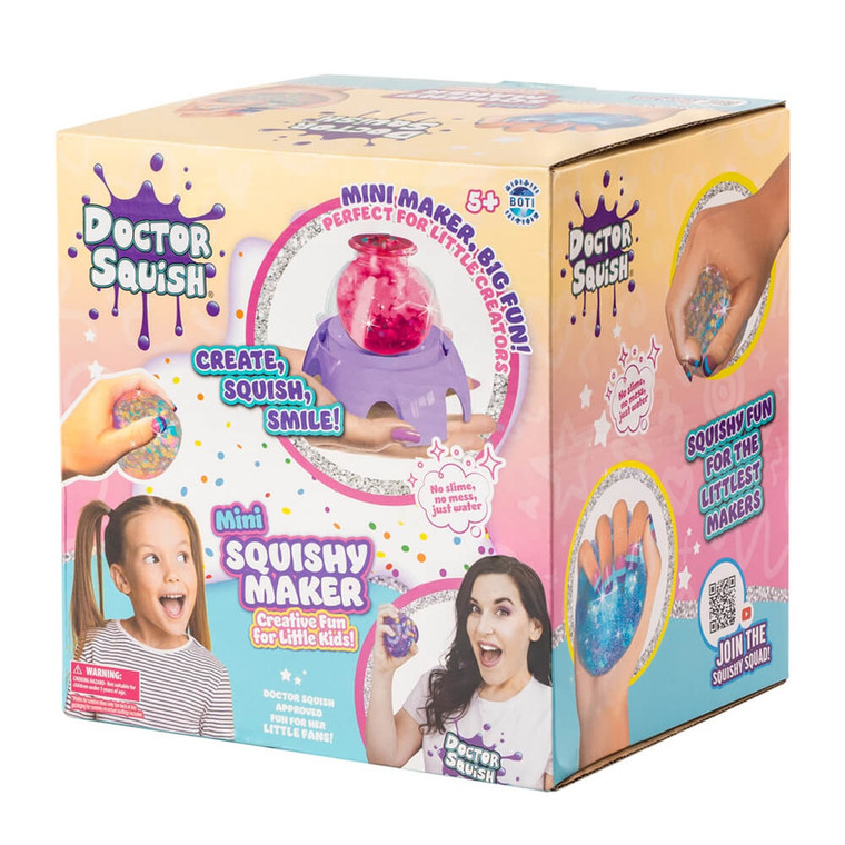 Doctor Squish Mini Squishy Maker Kit box front showing purple maker station and excited girl