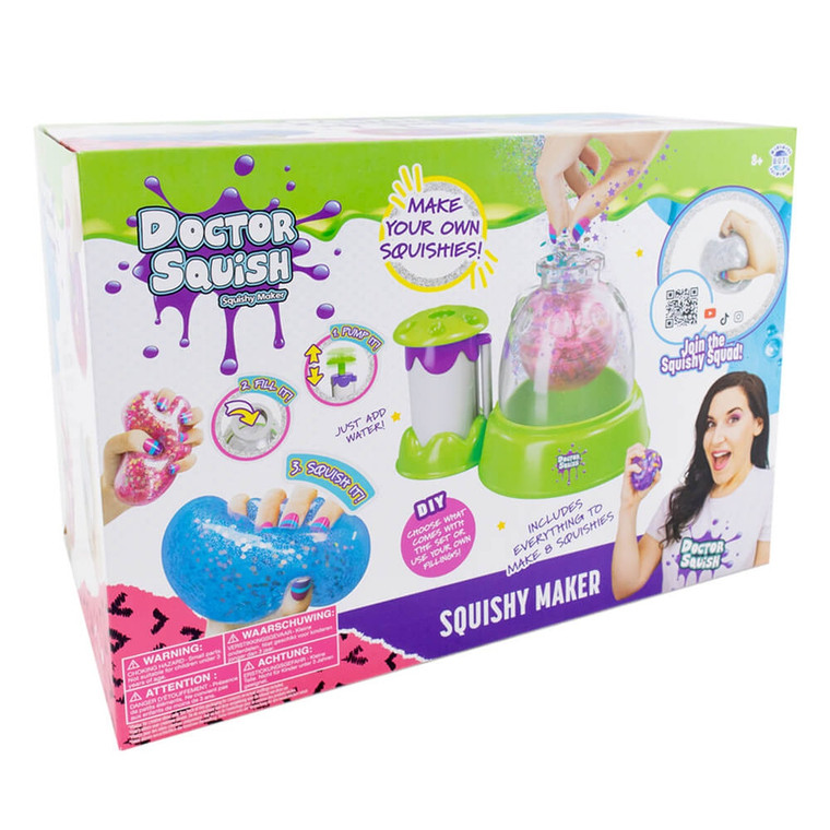Doctor Squish DIY Squishy Maker Station Kit box front showing green machine, step instructions and woman