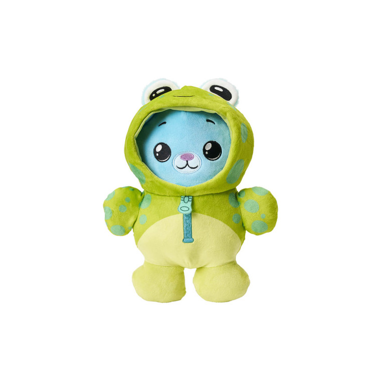 Fuzzy Wuzzy Onezies Pudding plush blue bear with big eyes wearing a green spotted frog onesie with frog eyes on hood