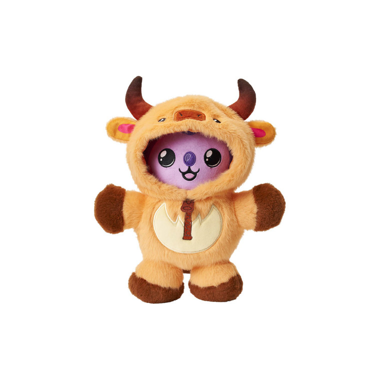 Fuzzy Wuzzy Onezies Pookie plush purple character with big eyes wearing a tan and brown bull onesie with horns