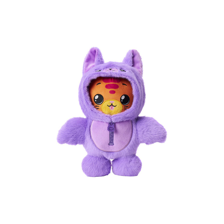 Fuzzy Wuzzy Onezies Coco plush tiger with big eyes wearing a purple bat onesie with embroidered zipper detail
