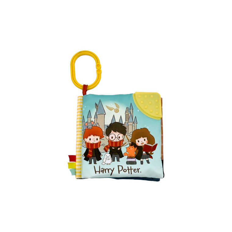 Harry Potter baby soft crinkle book featuring cartoon illustrations of Harry, Ron, and Hermione in front of Hogwarts castle