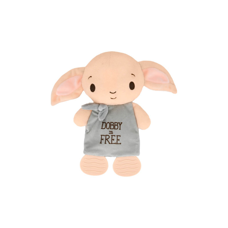 Soft plush baby Dobby the house-elf doll wearing a grey outfit with Dobby is Free embroidered on the front