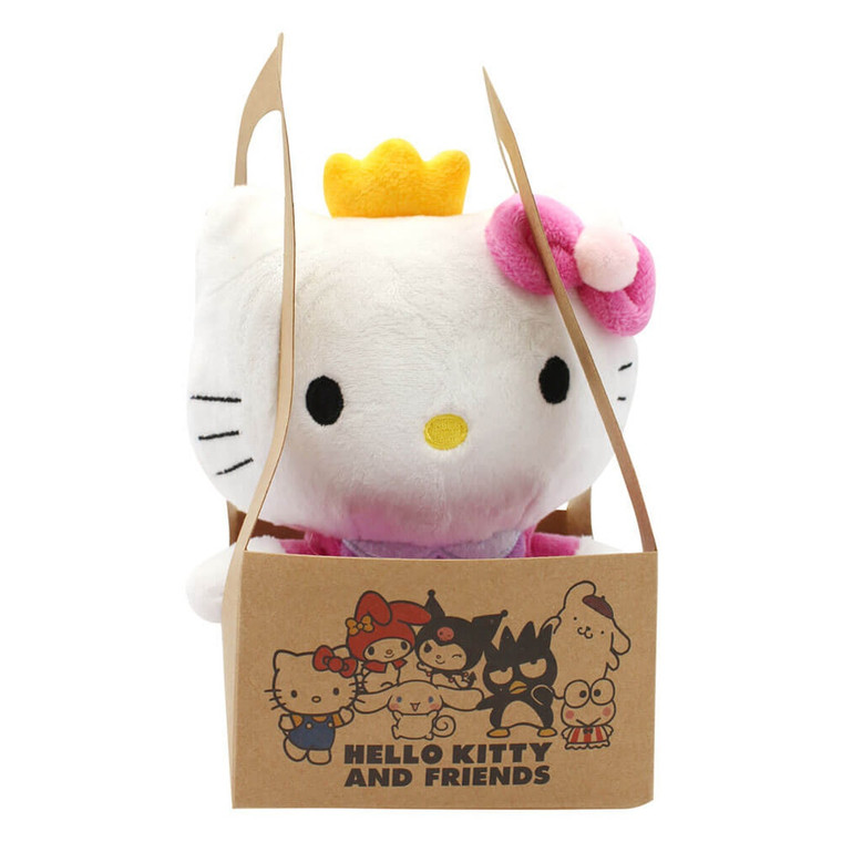 Hello Kitty Princess eco plush 14cm in kraft packaging, front view with yellow crown and pink bow