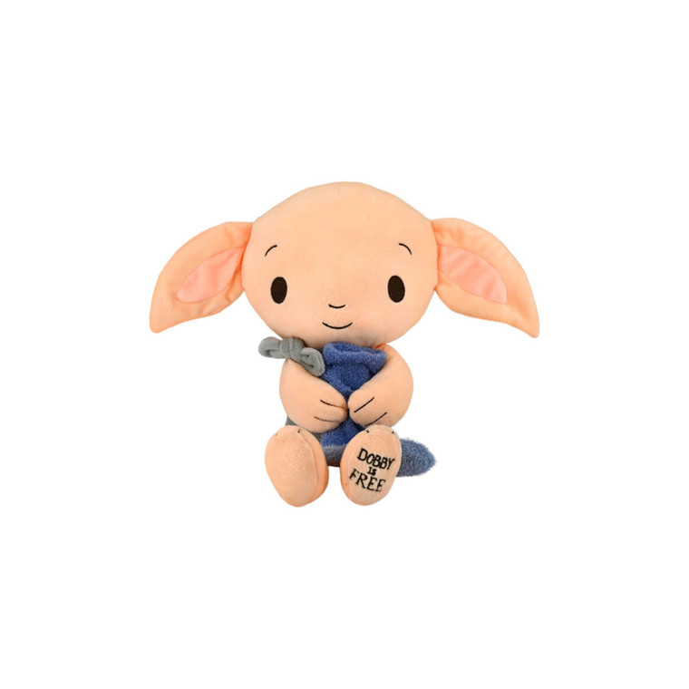 Plush Dobby the house-elf stuffed toy holding a blue sock with Dobby is Free embroidered on his foot
