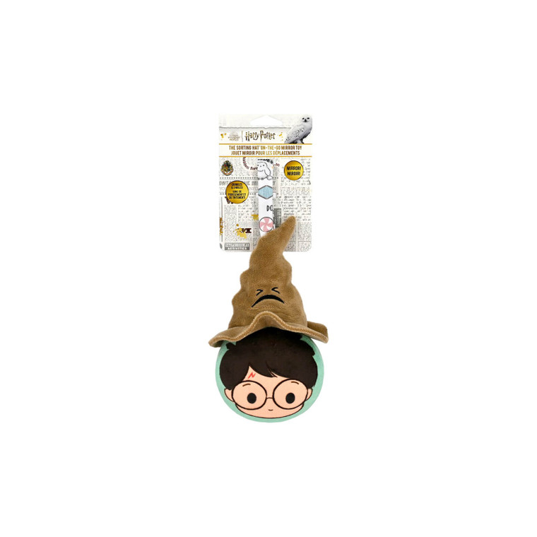 Harry Potter Sorting Hat on-the-go mirror toy featuring plush brown Sorting Hat attached to a round Harry Potter face with glasses