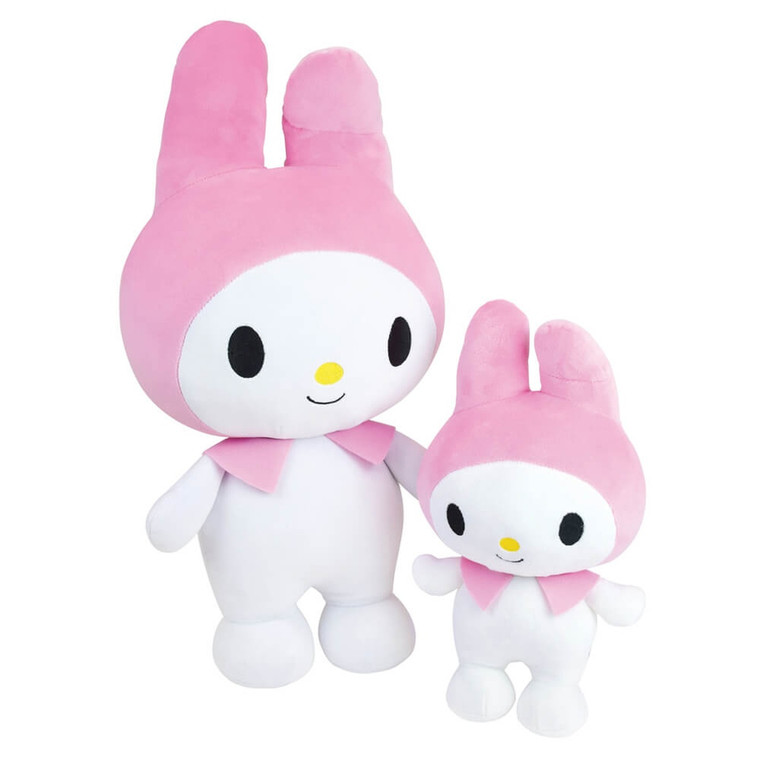 My Melody super soft squishy plush 26cm shown in two sizes with pink rabbit hood and yellow nose