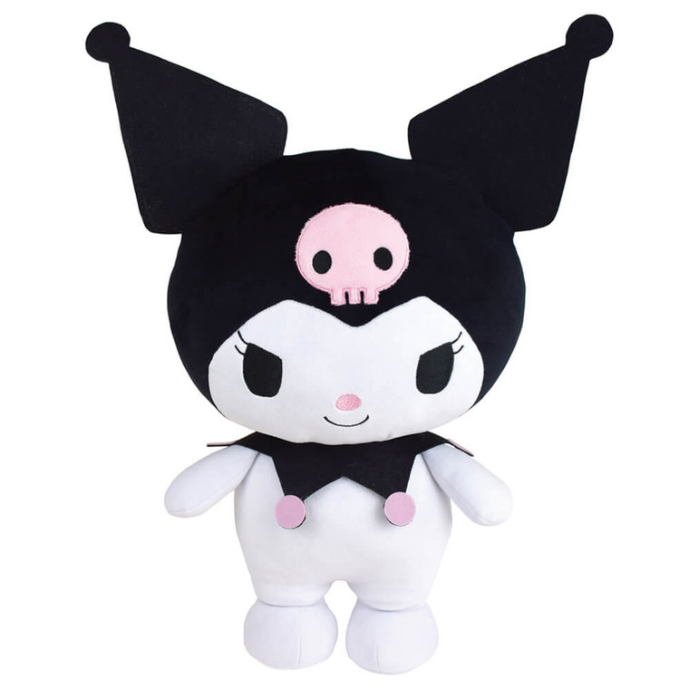 Hello Kitty Kuromi 40cm plush toy with white body, black twin-tail hair, pink skull decoration and soft squishy fabric