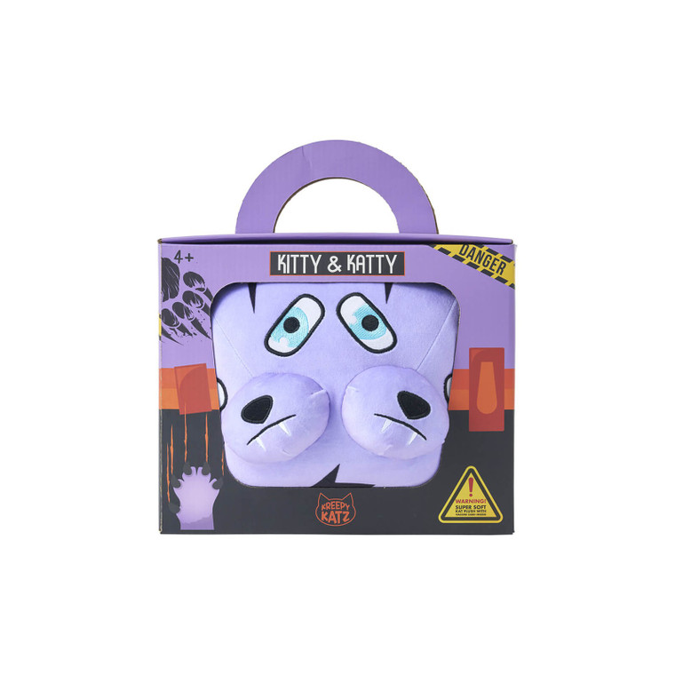 Kreepy Katz purple cat plush toy in branded carrier box with handle, featuring large eyes and soft squeezable material