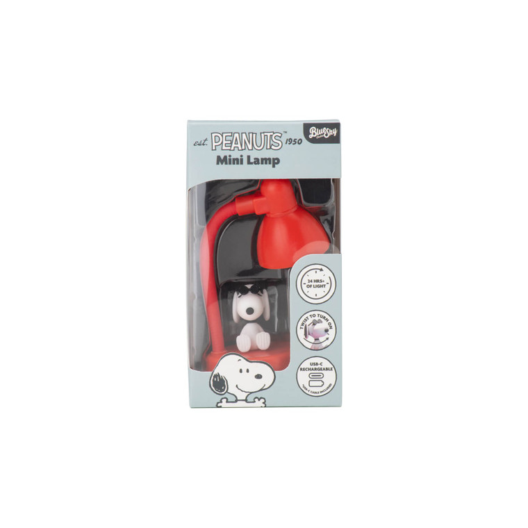 Peanuts Snoopy USB-C rechargeable mini desk lamp in red packaging with 24 hours of light