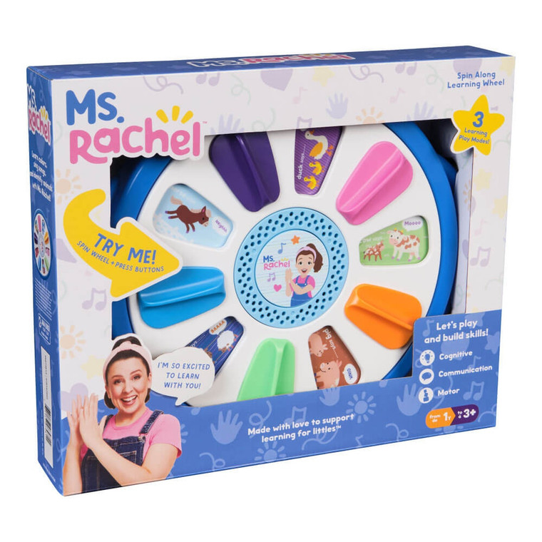 Ms Rachel Spin and Sing Learning Wheel toy in colourful blue, pink, orange and purple with animal graphics in box