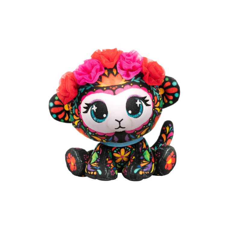 P.Lushes Pets monkey plush in black with floral pattern, pink flower crown, blue collar and sparkly eyes