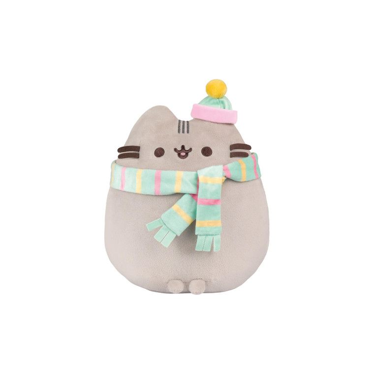 Pusheen cozy winter plush toy - chubby grey cat in warm scarf and winter outfit - 24cm