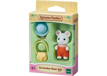 Sylvanian Families Marshmallow Mouse Baby figure in red outfit with blue mirror, rattle and bag accessories in retail