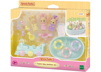 Sylvanian Families Triplets Baby Bathtime Set with pastel bath accessories, baby figures and packaging display
